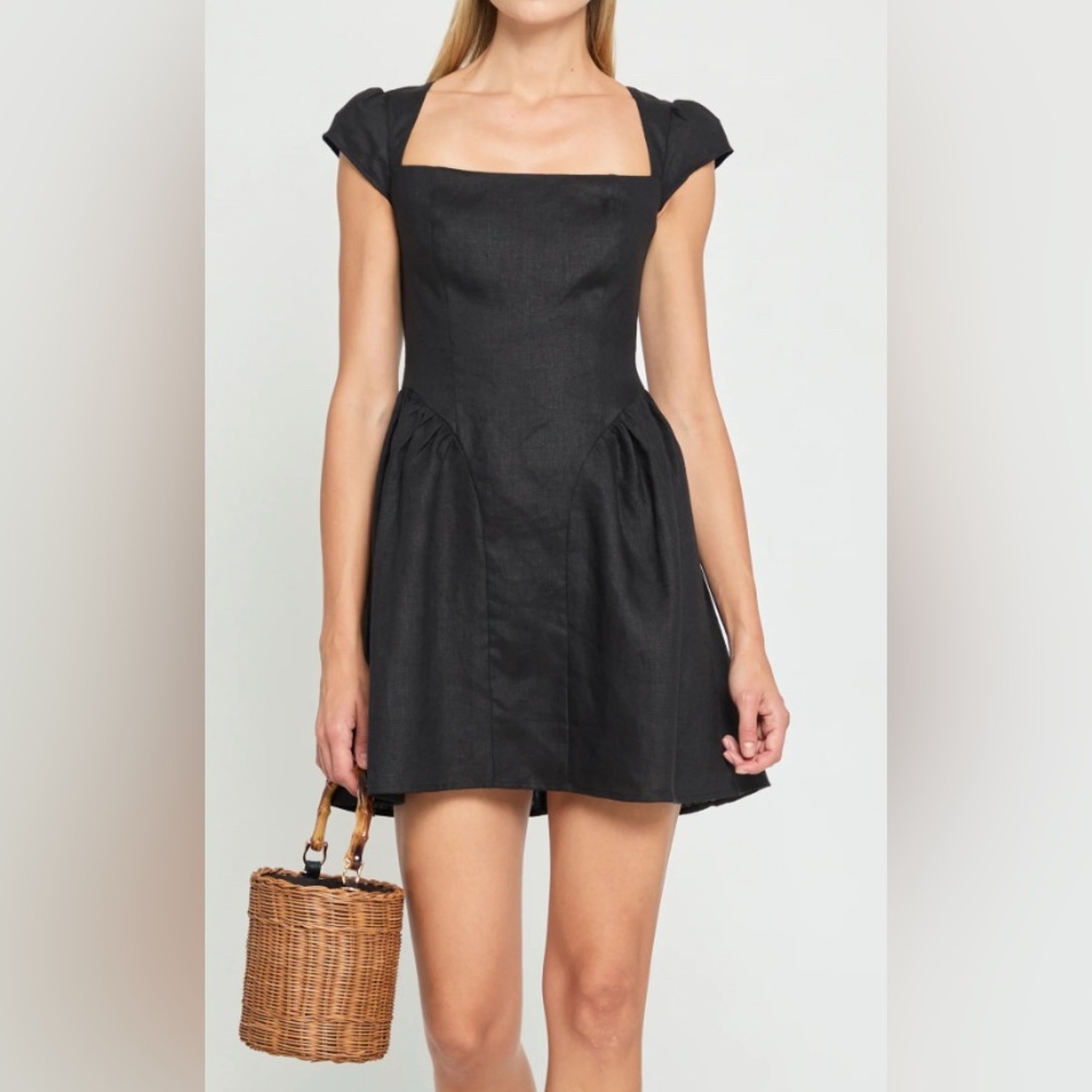 NWT Kourt Hasina Linen Mini Dress w Cap Sleeves in Black - Size 2